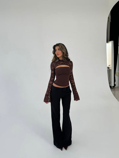 Lara lace long sleeve top - dark brown 