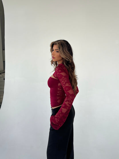 Lara lace long sleeve top - dark red 