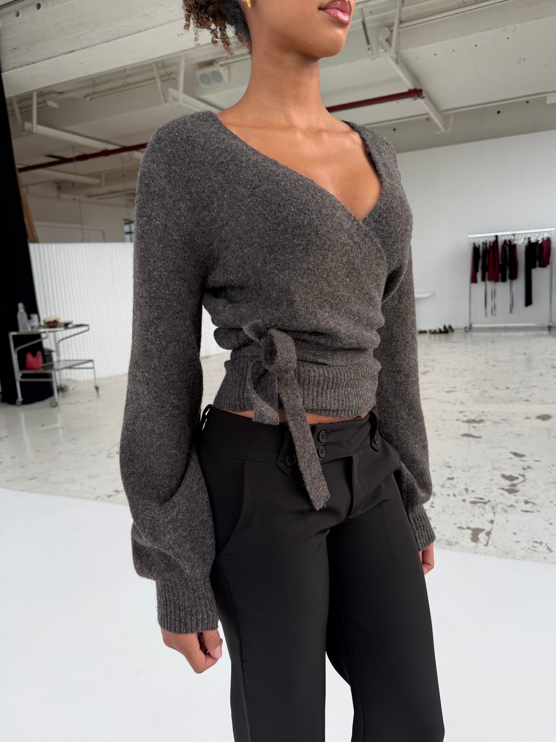 Wool blend wrap cardigan - mørk grå/brun (forudbestilling)