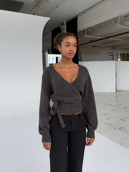 Wool blend wrap cardigan - mørk grå/brun (forudbestilling)