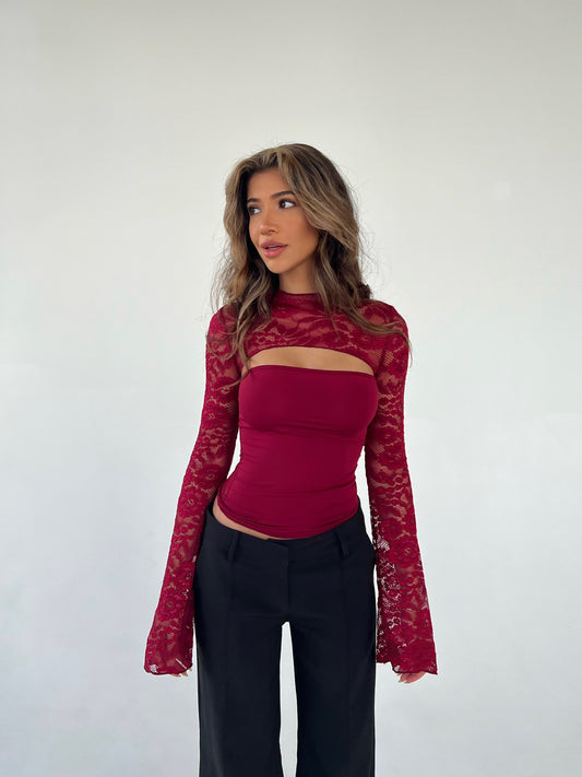 Lara lace long sleeve top - dark red 