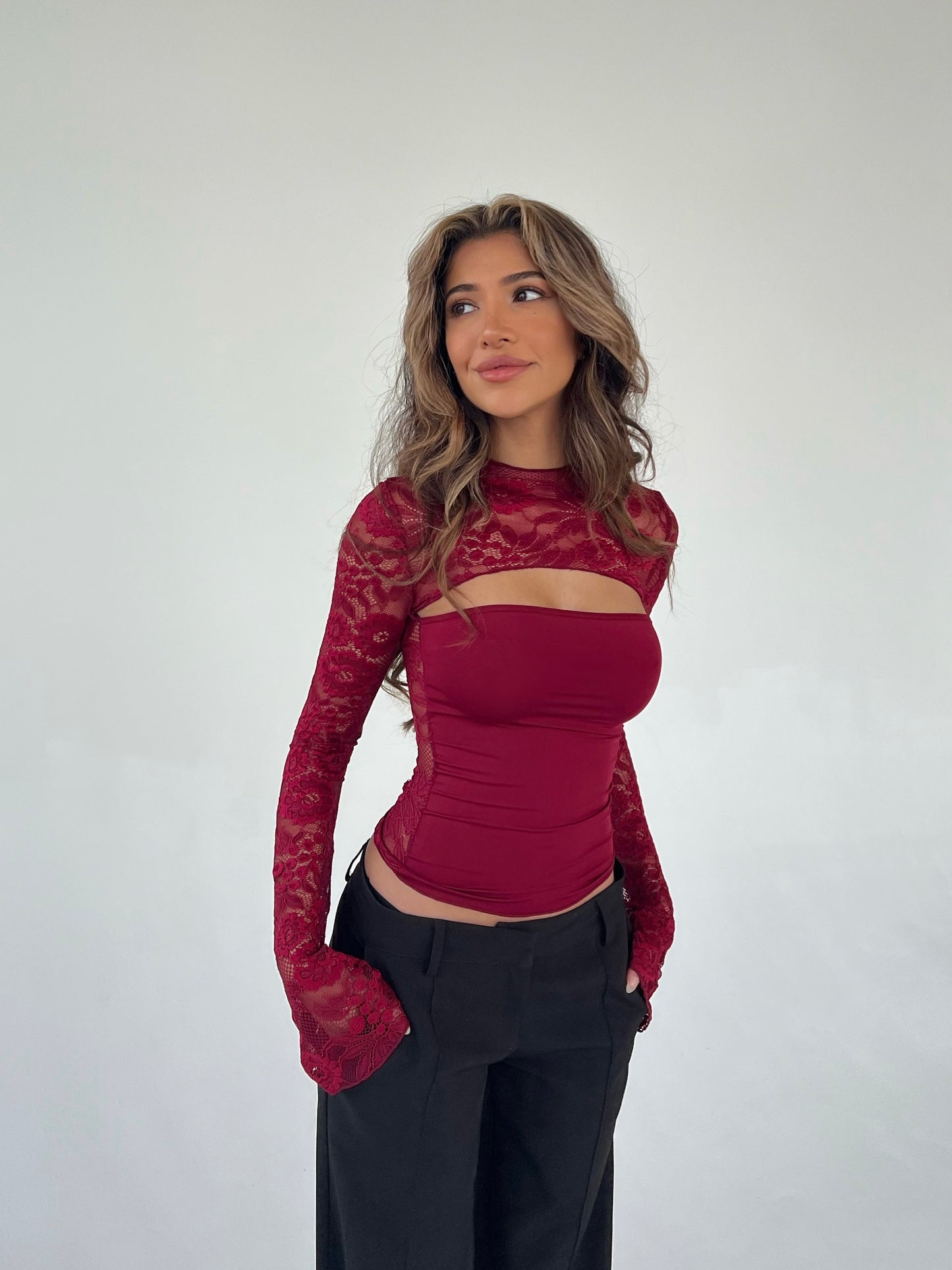 Lara lace long sleeve top - dark red 
