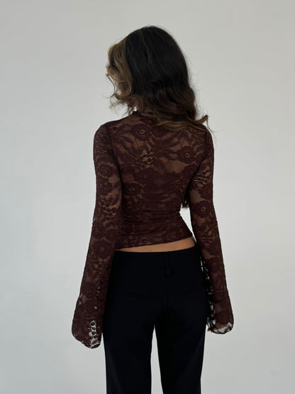 Lara lace long sleeve top - dark brown 