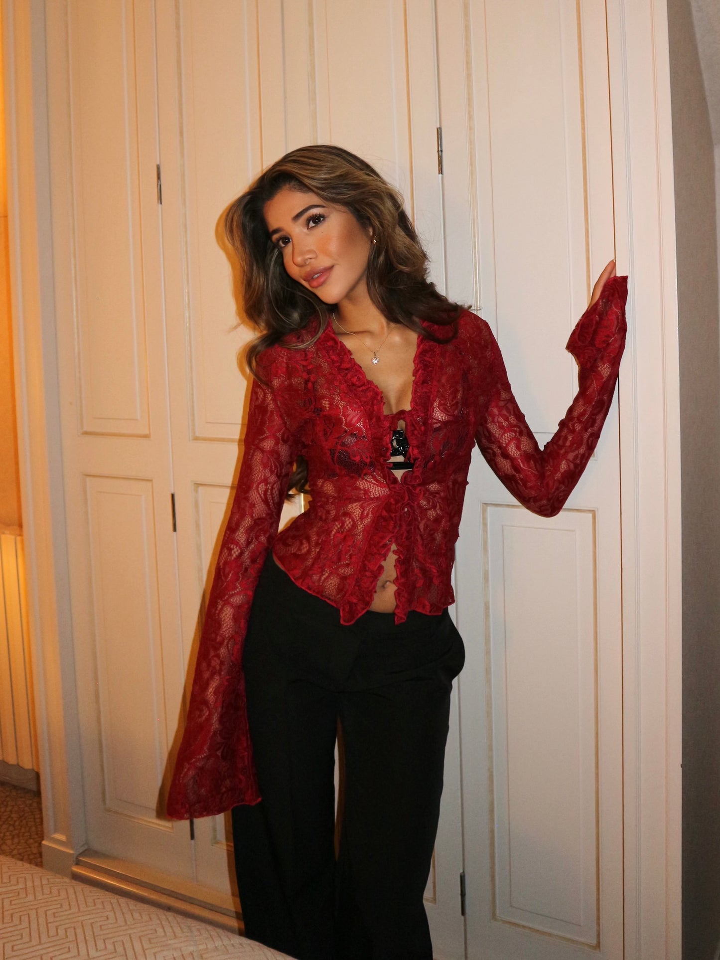 Trim lace top - dark red